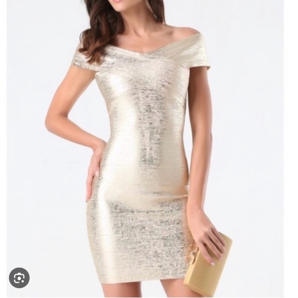Bebe Gold Ruched Off-Shoulder Bodycon Dress